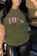 Army Green Casual Daily Print Patchwork O Neck T-Shirts