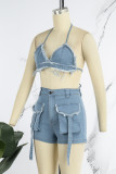 Blue Sexy Casual Solid Bandage Backless Halter Sleeveless Two Pieces