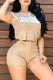 Khaki Casual Print Letter O Neck Short Sleeve Two Pieces