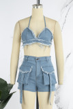 Blue Sexy Casual Solid Bandage Backless Halter Sleeveless Two Pieces