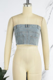Blue Sexy Casual Solid Patchwork Backless Strapless Sleeveless Skinny Denim Tops