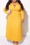 Red Casual Solid Frenulum V Neck Pleated Plus Size Dresses