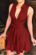 Burgundy Sweet Solid Patchwork Buttons Fold Turndown Collar A Line Dresses(With Belt)