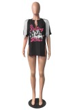 Black Casual Print Tassel Patchwork V Neck T-Shirts