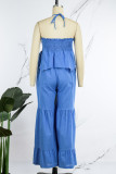 Blue Casual Solid Patchwork Backless Flounce Halter Loose Jumpsuits