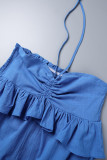 Blue Casual Solid Patchwork Backless Flounce Halter Loose Jumpsuits