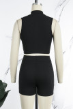 Grey Casual Solid Patchwork Zipper Collar Two Pieces