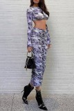 Blue Casual Print Basic O Neck Long Sleeve Two Pieces
