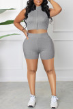 Grey Casual Solid Patchwork Zipper Collar Two Pieces