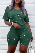 Green Casual Print Basic O Neck Short Sleeve Two Pieces