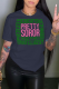 Navy Blue Daily Vintage Print Patchwork Letter O Neck T-Shirts