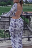 Blue Casual Print Basic O Neck Long Sleeve Two Pieces