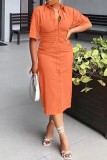 Orange Casual Solid Slit Turndown Collar Shirt Dress Dresses