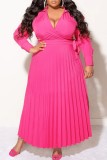 Red Casual Solid Frenulum V Neck Pleated Plus Size Dresses