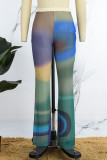 Green Casual Print Basic Regular High Waist Conventional Full Print Trousers