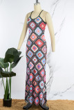 Multicolor Sexy Print Frenulum Backless Spaghetti Strap Long Dress Dresses