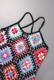 Multicolor Sexy Print Frenulum Backless Spaghetti Strap Long Dress Dresses