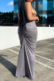 Grey Sexy Solid Patchwork Backless Fold V Neck Wrapped Skirt Dresses