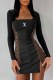 Black Street Letter Embroidery Patchwork Slit Square Collar One Step Skirt Dresses