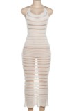 White Sexy Striped Bandage Patchwork See-through Backless Halter Sleeveless Dress Dresses