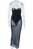Black Elegant Print Patchwork See-through Strapless One Step Skirt Dresses