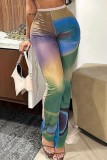 Green Casual Print Basic Regular High Waist Conventional Full Print Trousers