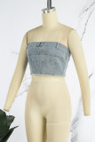 Blue Sexy Casual Solid Patchwork Backless Strapless Sleeveless Skinny Denim Tops