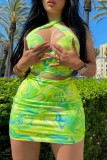 Green Sexy Print Hollowed Out Backless Halter Sleeveless Two Pieces