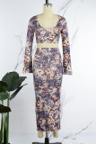Multicolor Casual Print Basic O Neck Long Sleeve Two Pieces