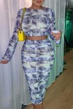 Blue Casual Print Basic O Neck Long Sleeve Two Pieces