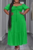Green Casual Solid Hollowed Out Patchwork Frenulum U Neck Long Dress Plus Size Dresses