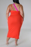 Red Orange Sexy Solid Patchwork Slit Contrast Oblique Collar Sleeveless Dress Plus Size Dresses
