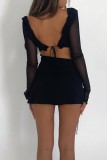 Rose Red Sexy Solid Frenulum Backless V Neck Long Sleeve Dresses