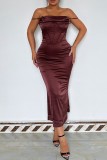 Brown Sexy Casual Solid Backless Square Collar Sling Dress Dresses