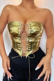 Silver Sexy Casual Solid Frenulum Backless Strapless Tops