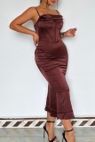 Brown Sexy Casual Solid Backless Square Collar Sling Dress Dresses