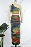 Green Orange Sexy Casual Print Backless Oblique Collar Sleeveless Two Pieces