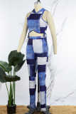 Blue Casual Print Bandage Hooded Collar Sleeveless Two Pieces