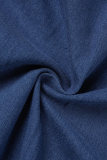 Light Blue Casual Solid Hollowed Out Frenulum Turndown Collar Short Sleeve Skinny Denim Jumpsuits