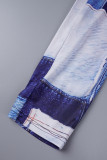 Blue Casual Print Bandage Hooded Collar Sleeveless Two Pieces