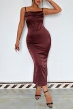 Brown Sexy Casual Solid Backless Square Collar Sling Dress Dresses