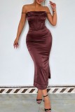 Brown Sexy Casual Solid Backless Square Collar Sling Dress Dresses