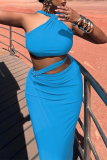 Blue Sexy Solid Hollowed Out Metal Accessories Decoration Backless Pearl Cold Shoulder Wrapped Skirt Dresses