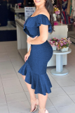 Blue Sexy Print Patchwork Flounce Off the Shoulder Irregular Dress Dresses