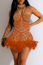 Orange Sexy Patchwork Hot Drilling Feathers Backless Halter Skinny Romper