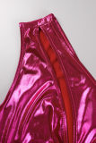Rose Red Sexy Solid Hollowed Out Patchwork Oblique Collar Long Dress Dresses