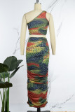 Green Orange Sexy Casual Print Backless Oblique Collar Sleeveless Two Pieces