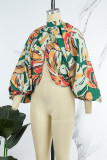 Blue Casual Print Patchwork Slit Half A Turtleneck Tops