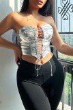 Silver Sexy Casual Solid Frenulum Backless Strapless Tops