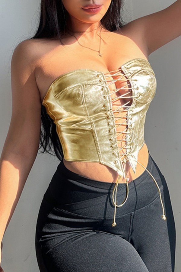 Gold Sexy Casual Solid Frenulum Backless Strapless Tops